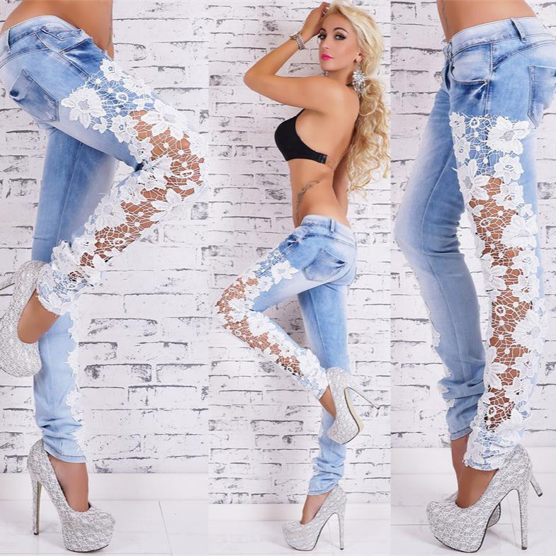 Sexy Lace Cut-Out Trimmed Jeans Women