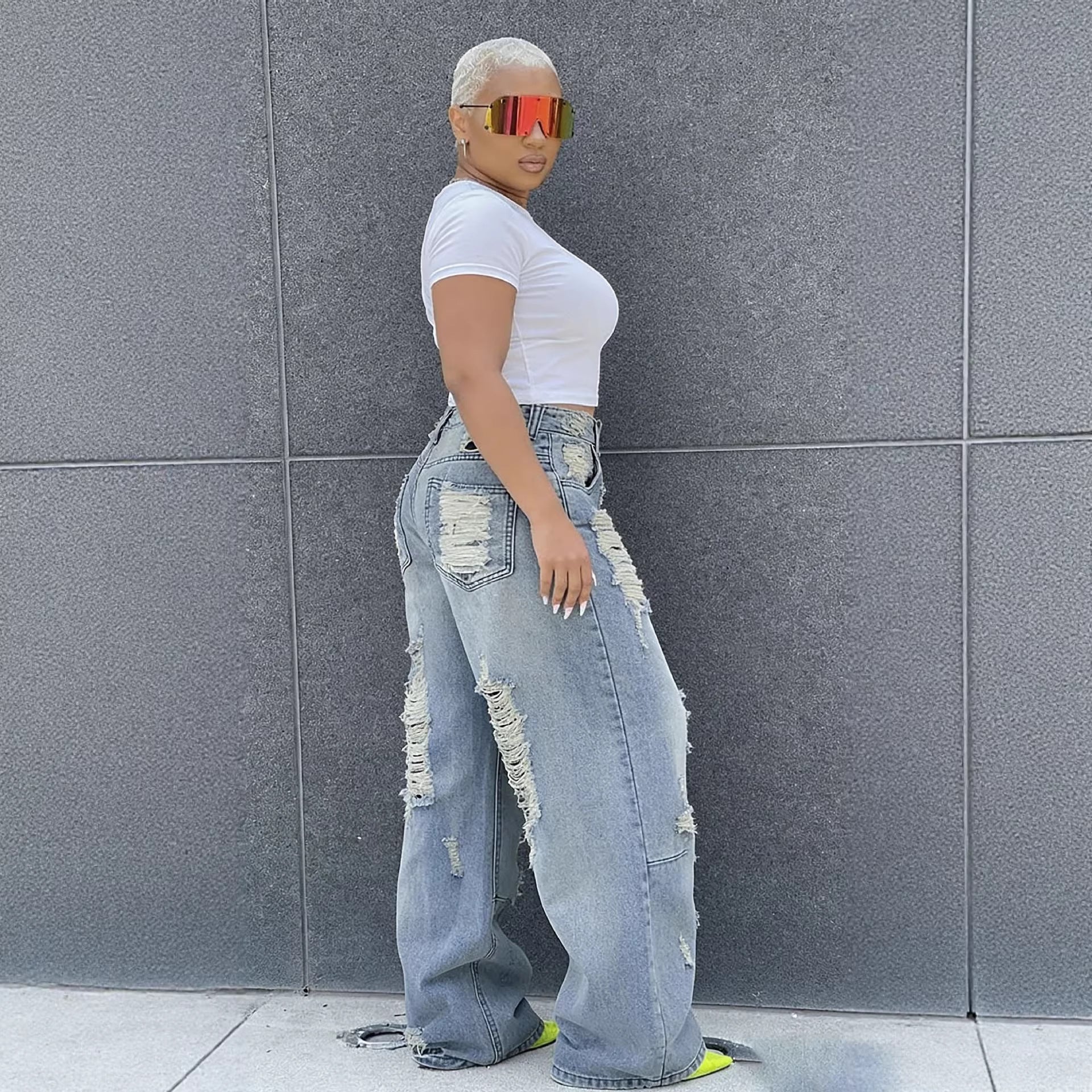 Street Rip ampTear Washed Straight Leg Jeans