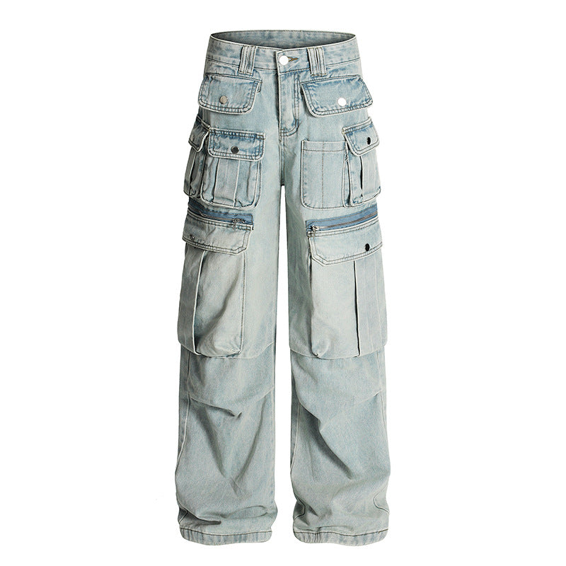 Wrinkled multi pocket workwear jeans