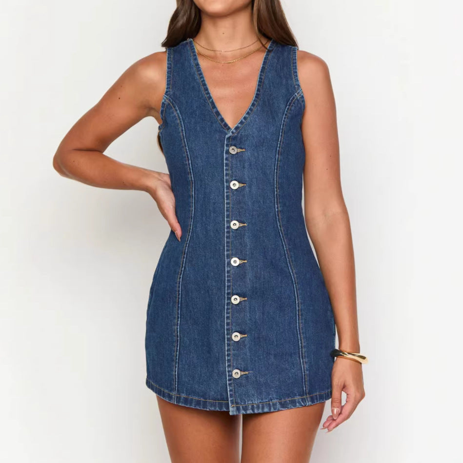 Button Front Tied Belted Dress Women's Back Waist Denim Dress