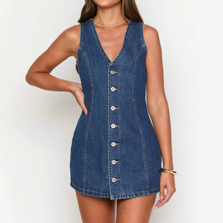 Button Front Tied Belted Dress Women's Back Waist Denim Dress