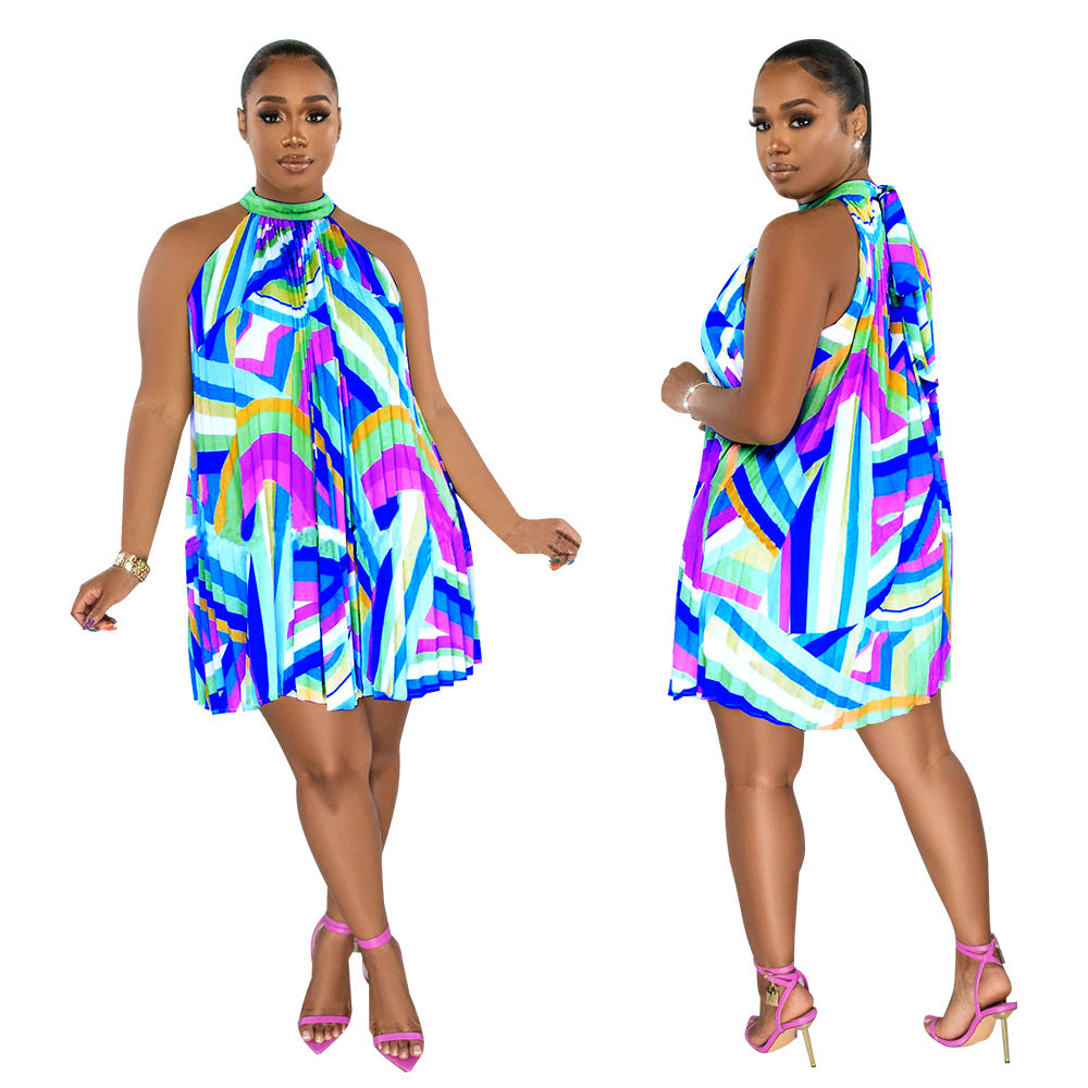 Sleeveless printed pleated dress