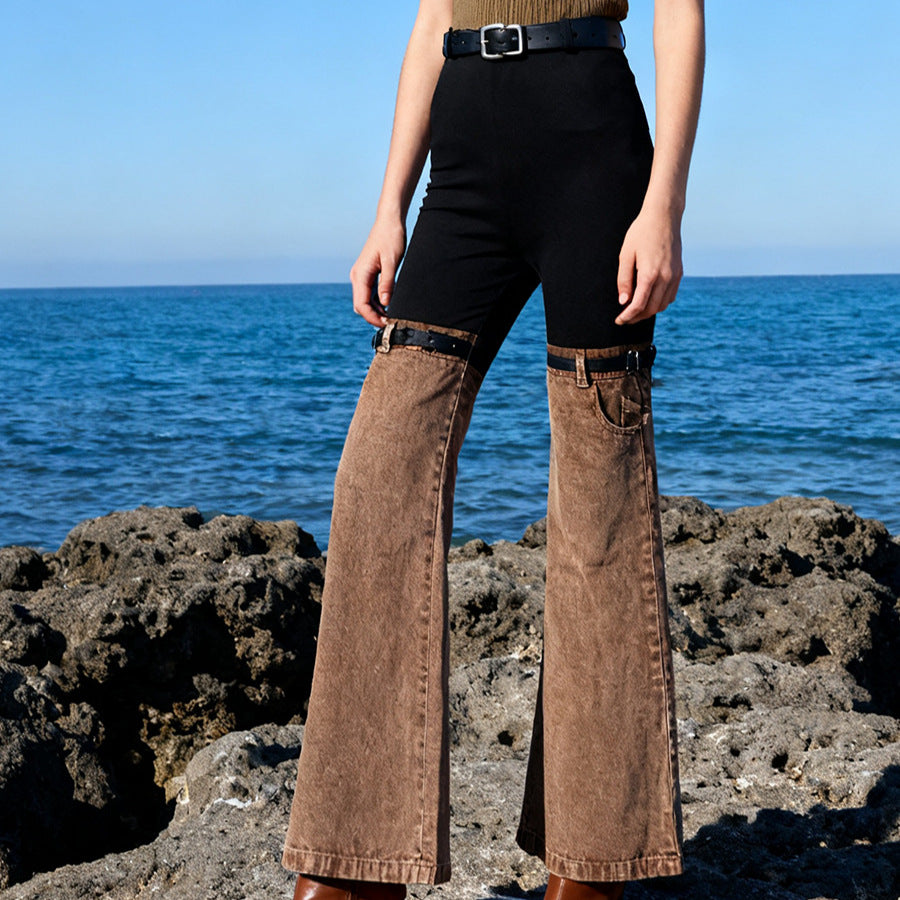 Splicing high waisted slightly flared jeans