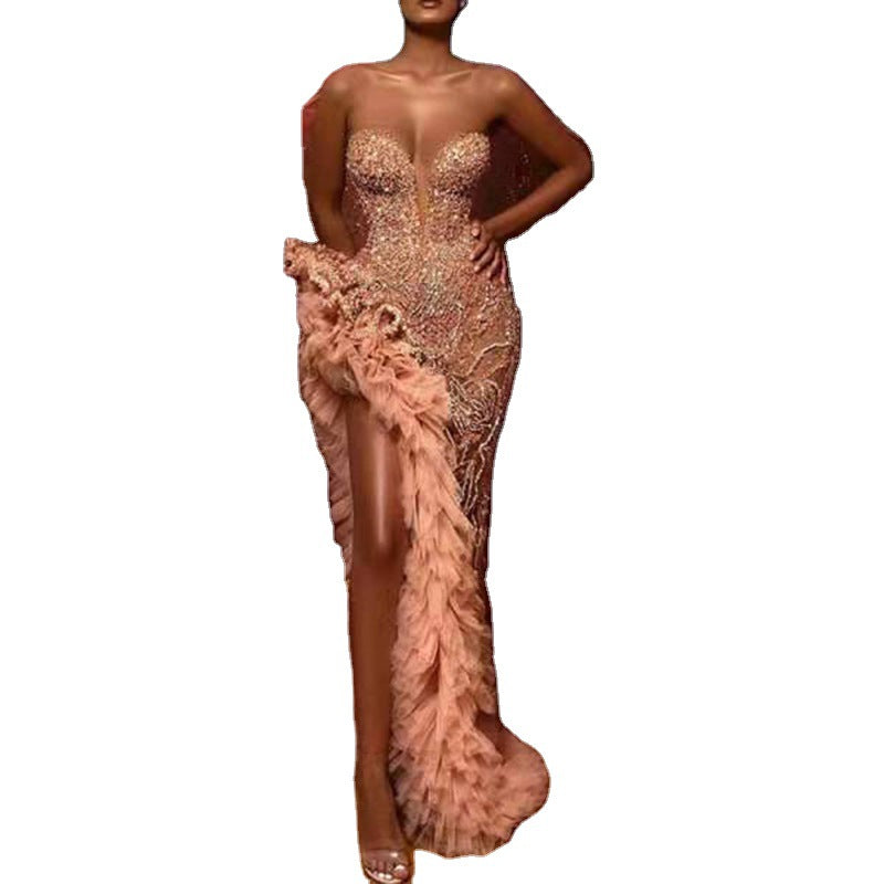 Chiffon Fringe Sexy Sequin Strapless Dress for Women Party Evening Dress
