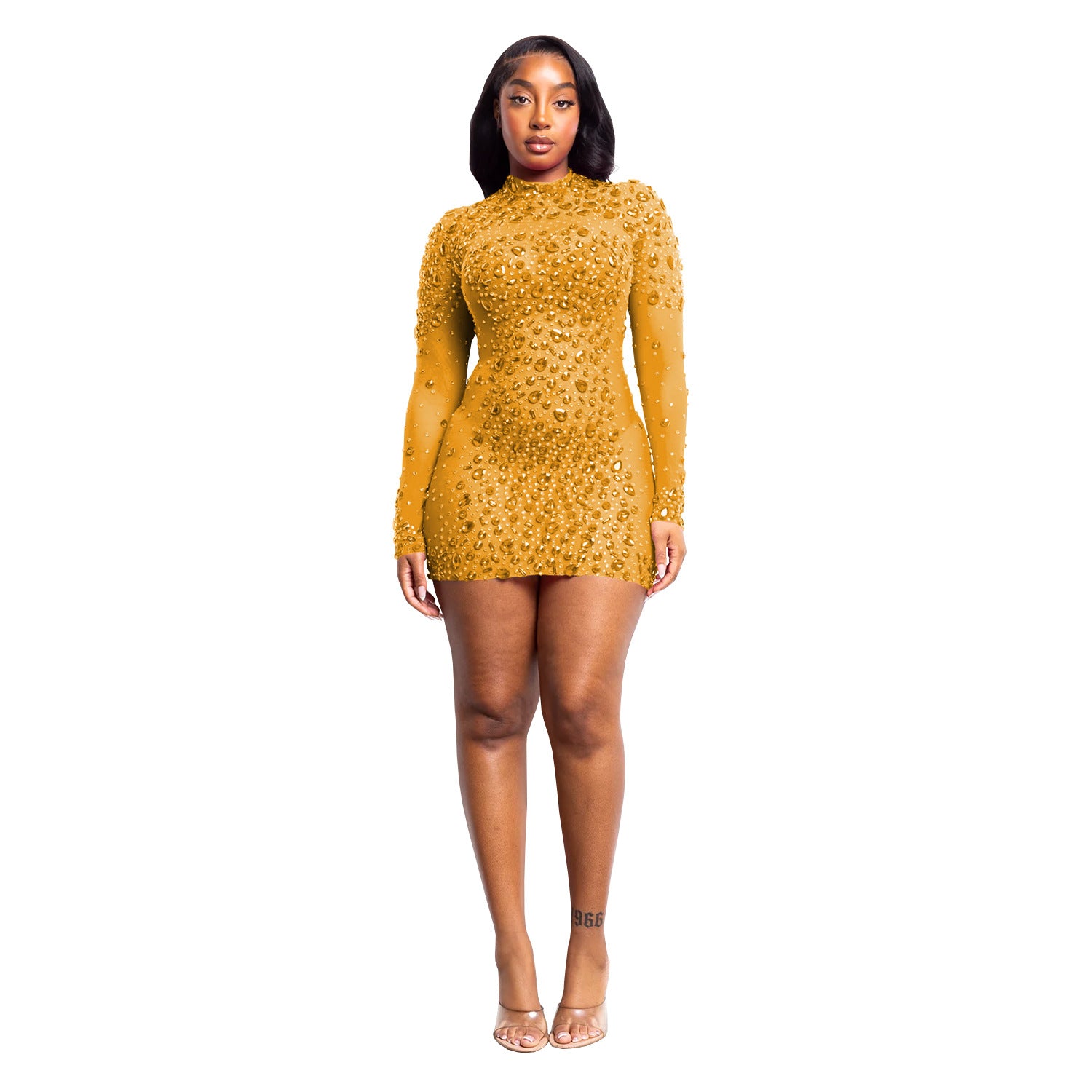Women's Sexy Sheer Mesh Rhinestone Dress Mini Dress