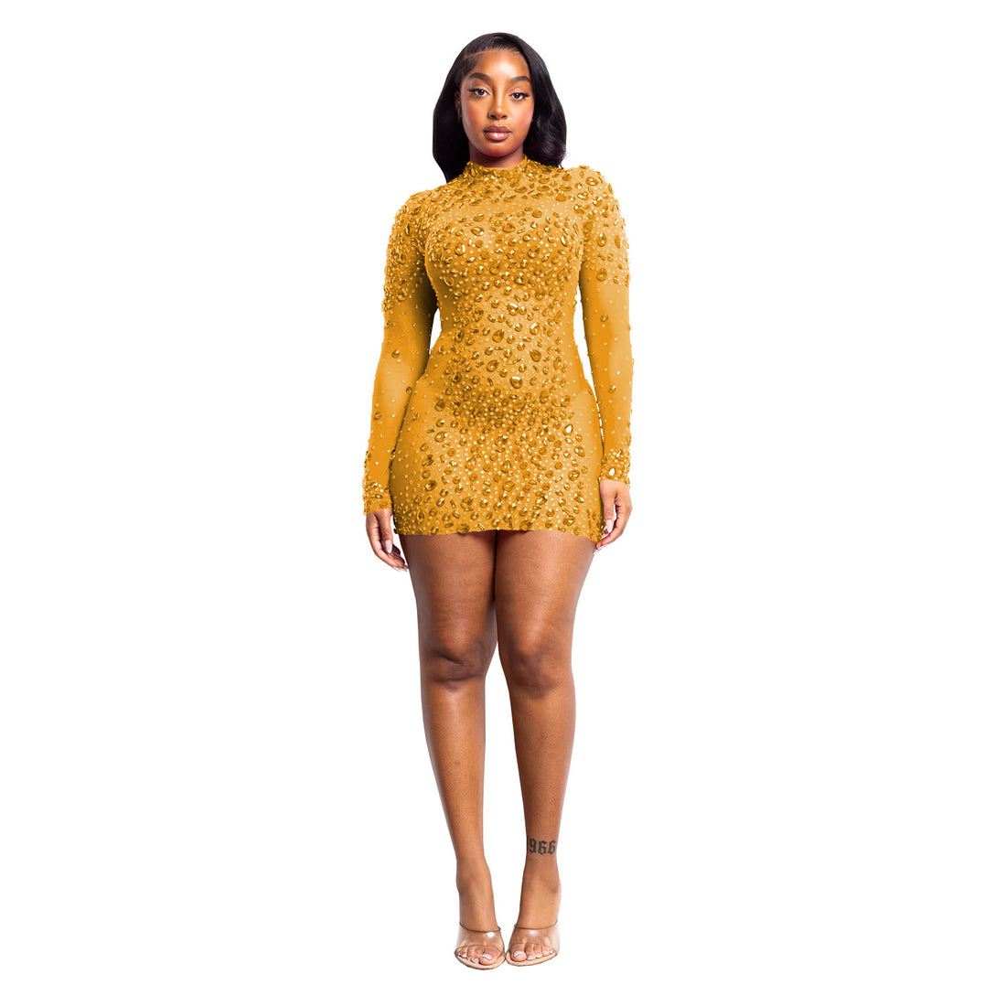 Women's Sexy Sheer Mesh Rhinestone Dress Mini Dress
