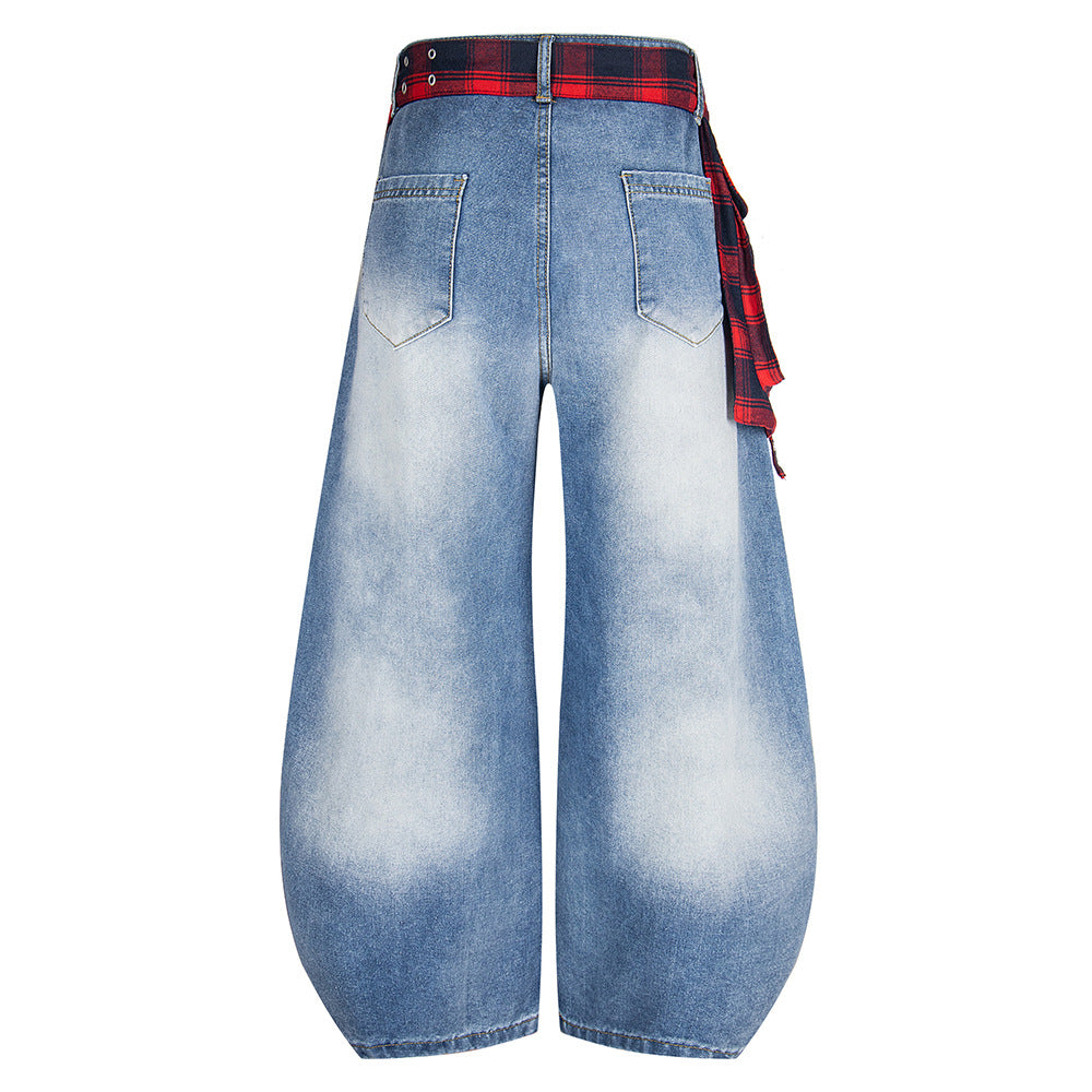 Fake two red checkered jeans