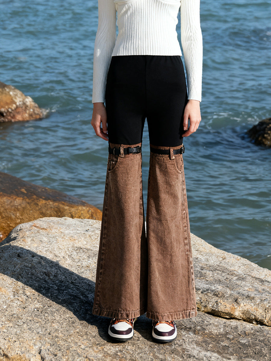 Splicing high waisted slightly flared jeans