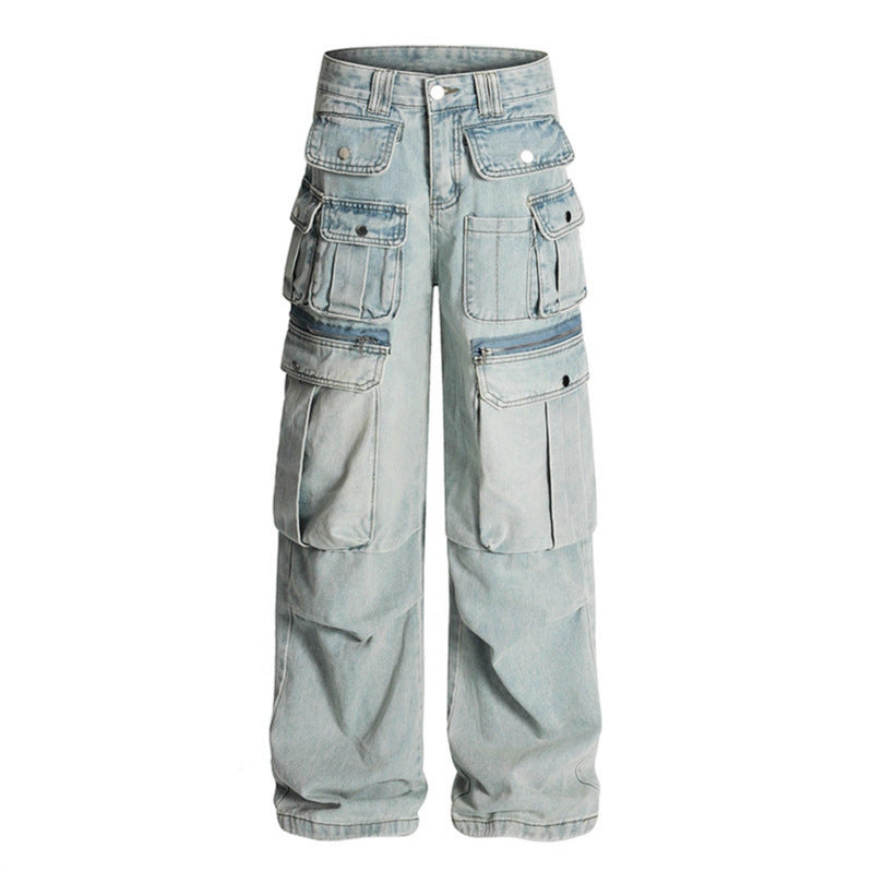 Wrinkled multi pocket workwear jeans