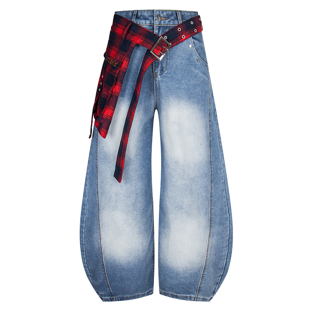 Fake two red checkered jeans