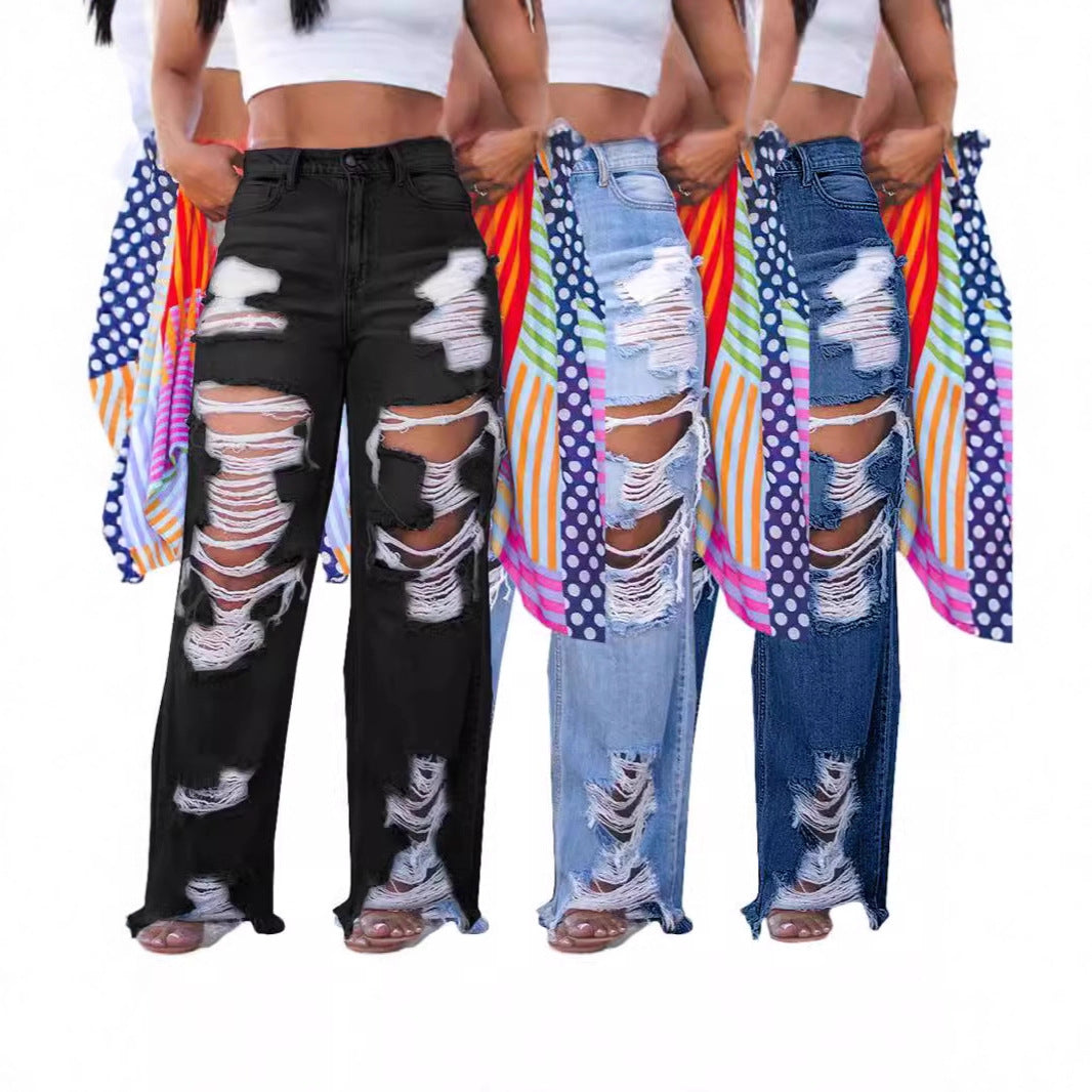 Sexy Fashion Floral Burnout Ripped Jeans