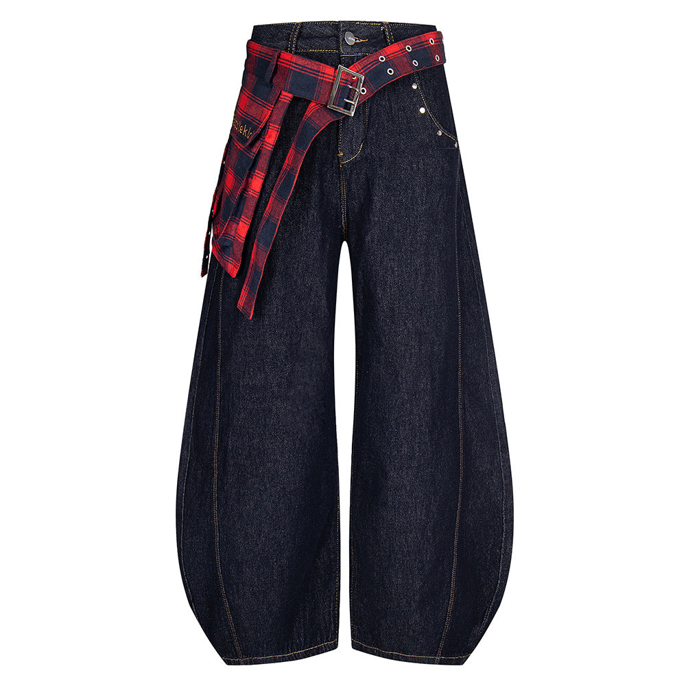 Fake two red checkered jeans