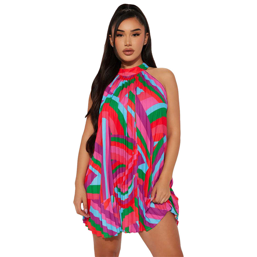 Sleeveless printed pleated dress