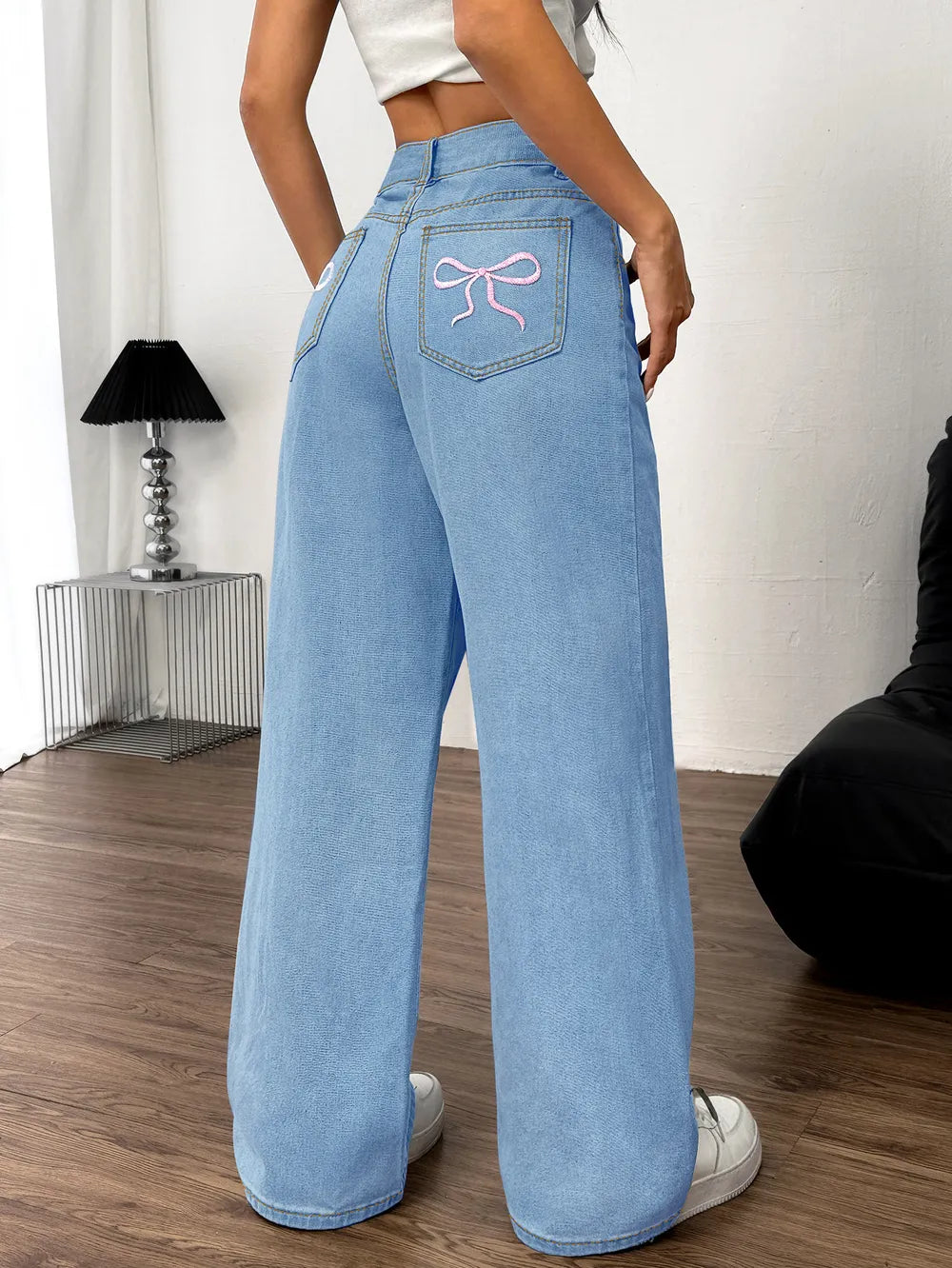 Embroidered Bow Back Wide Leg Jeans