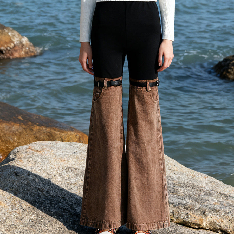 Splicing high waisted slightly flared jeans