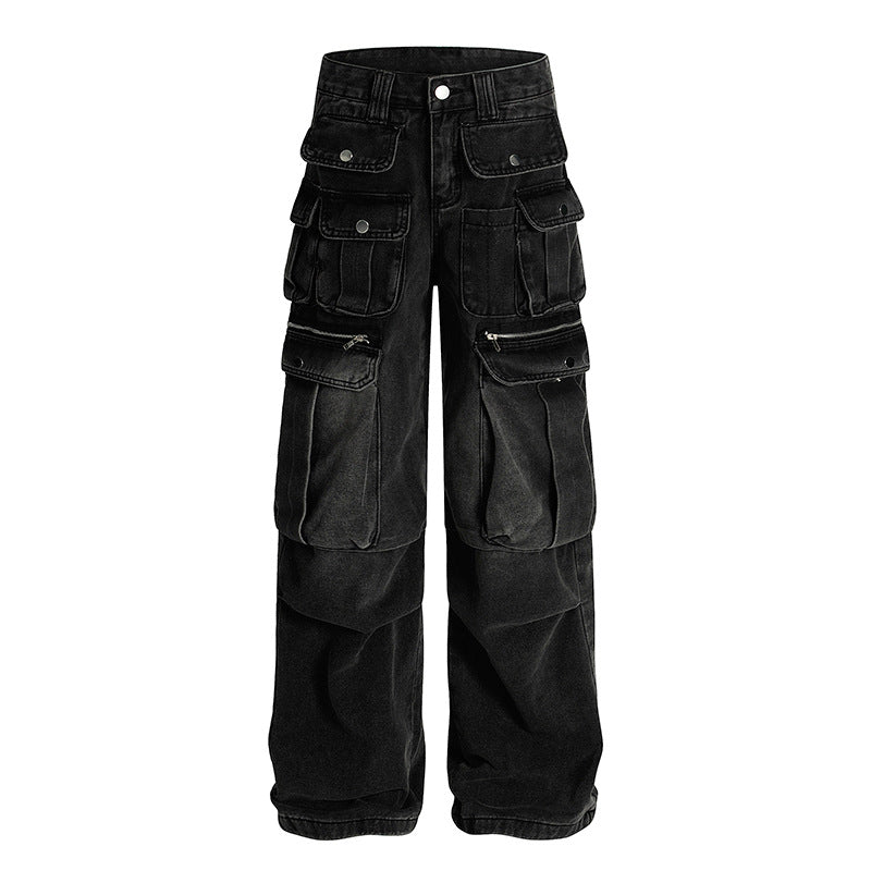 Wrinkled multi pocket workwear jeans