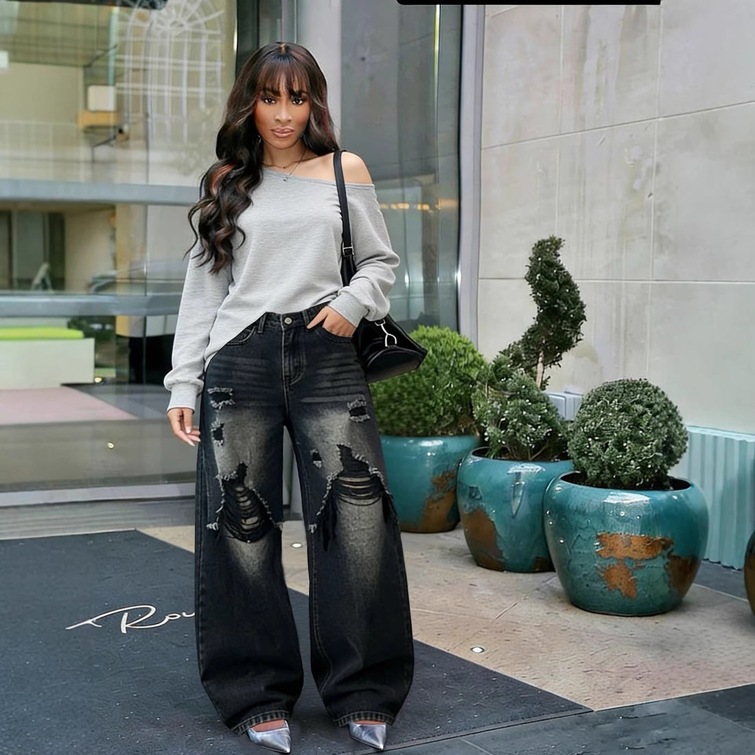 Layered Patchwork Ripped Washed Straight Leg Jeans