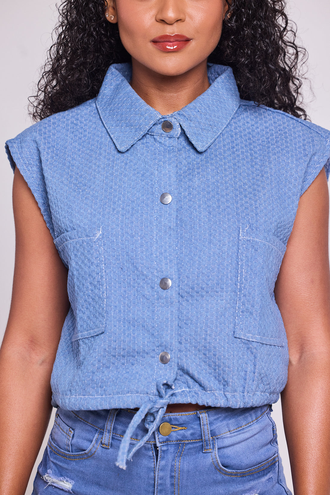 Denim Breeze Sleeveless Button-Up