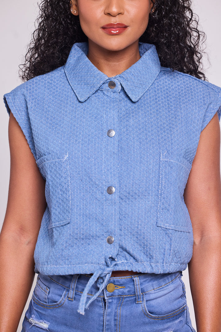 Denim Breeze Sleeveless Button-Up