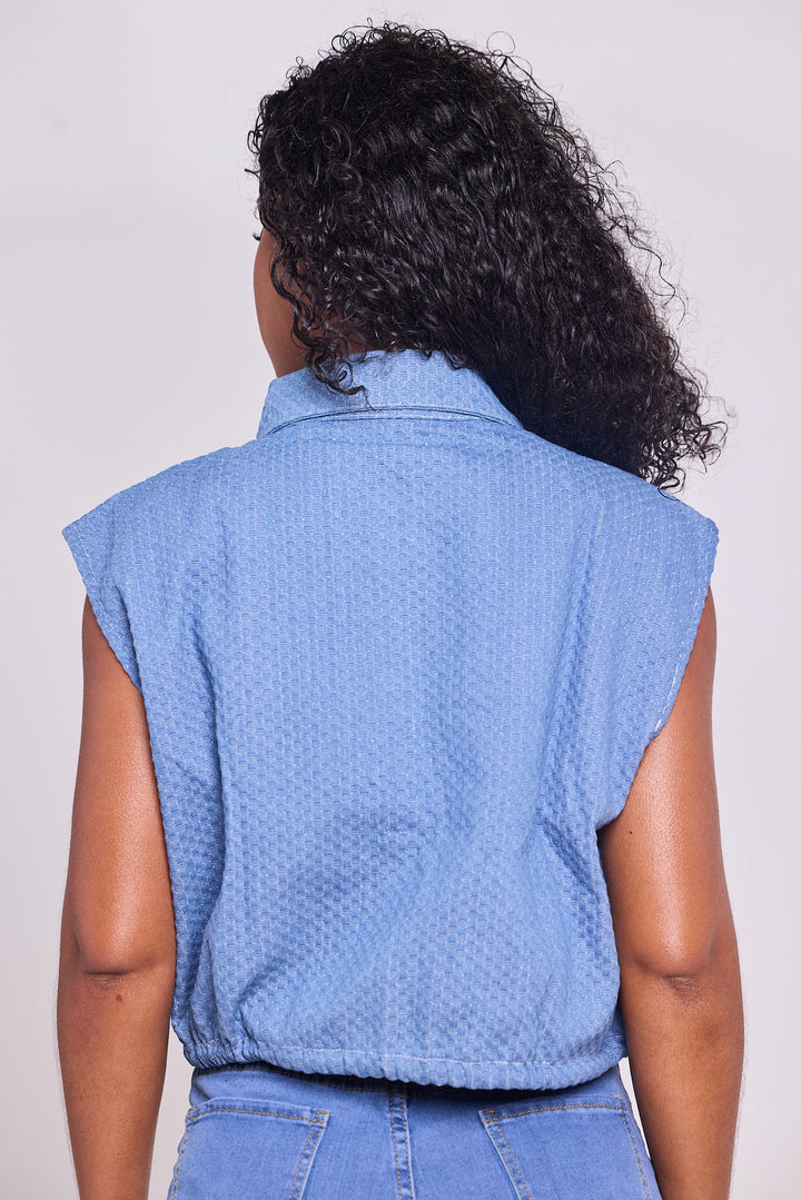 Denim Breeze Sleeveless Button-Up