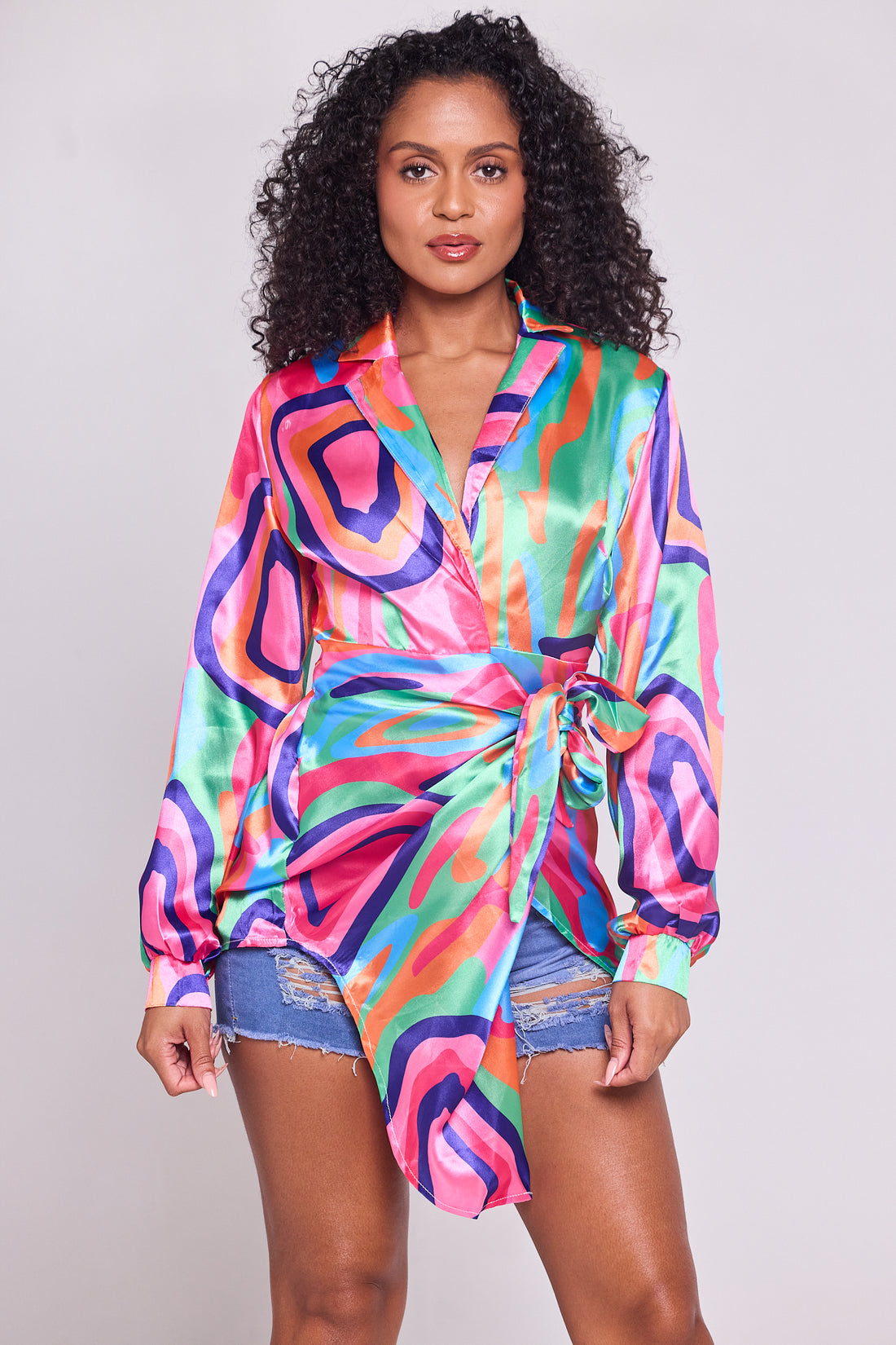 Vibrant Satin Wrap Blouse