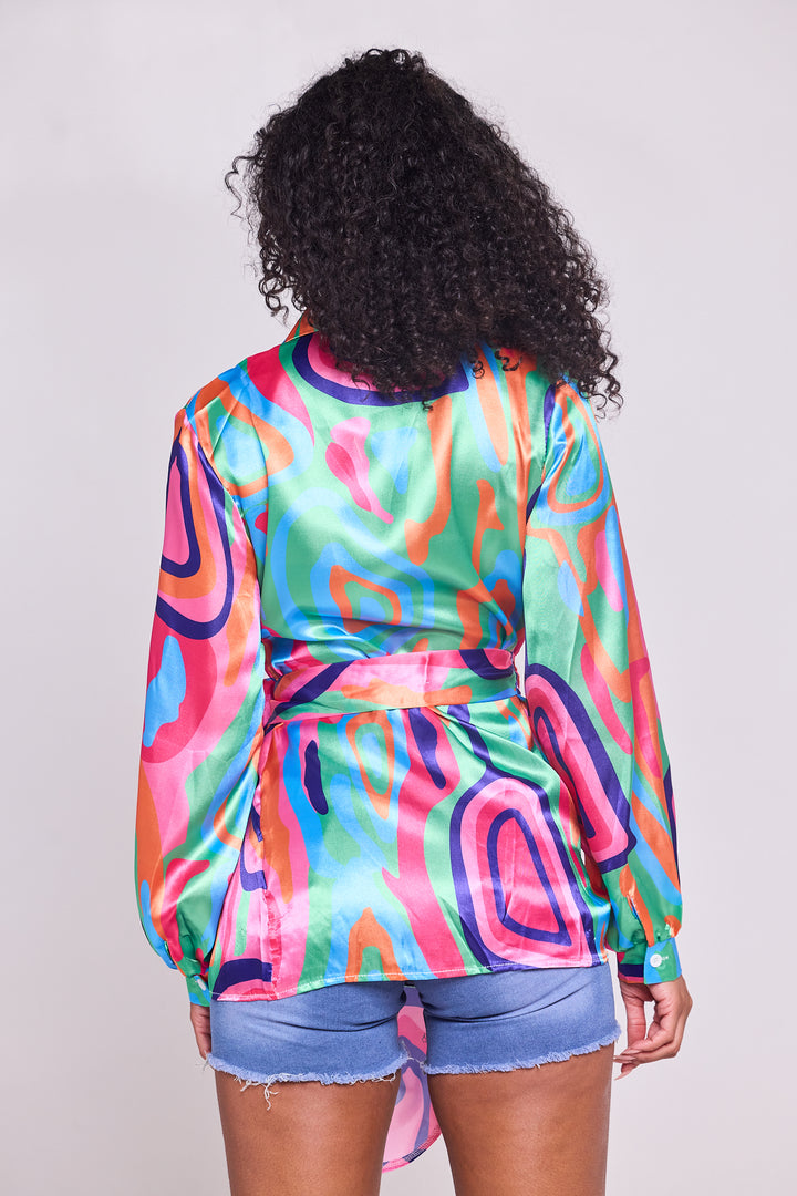 Vibrant Satin Wrap Blouse