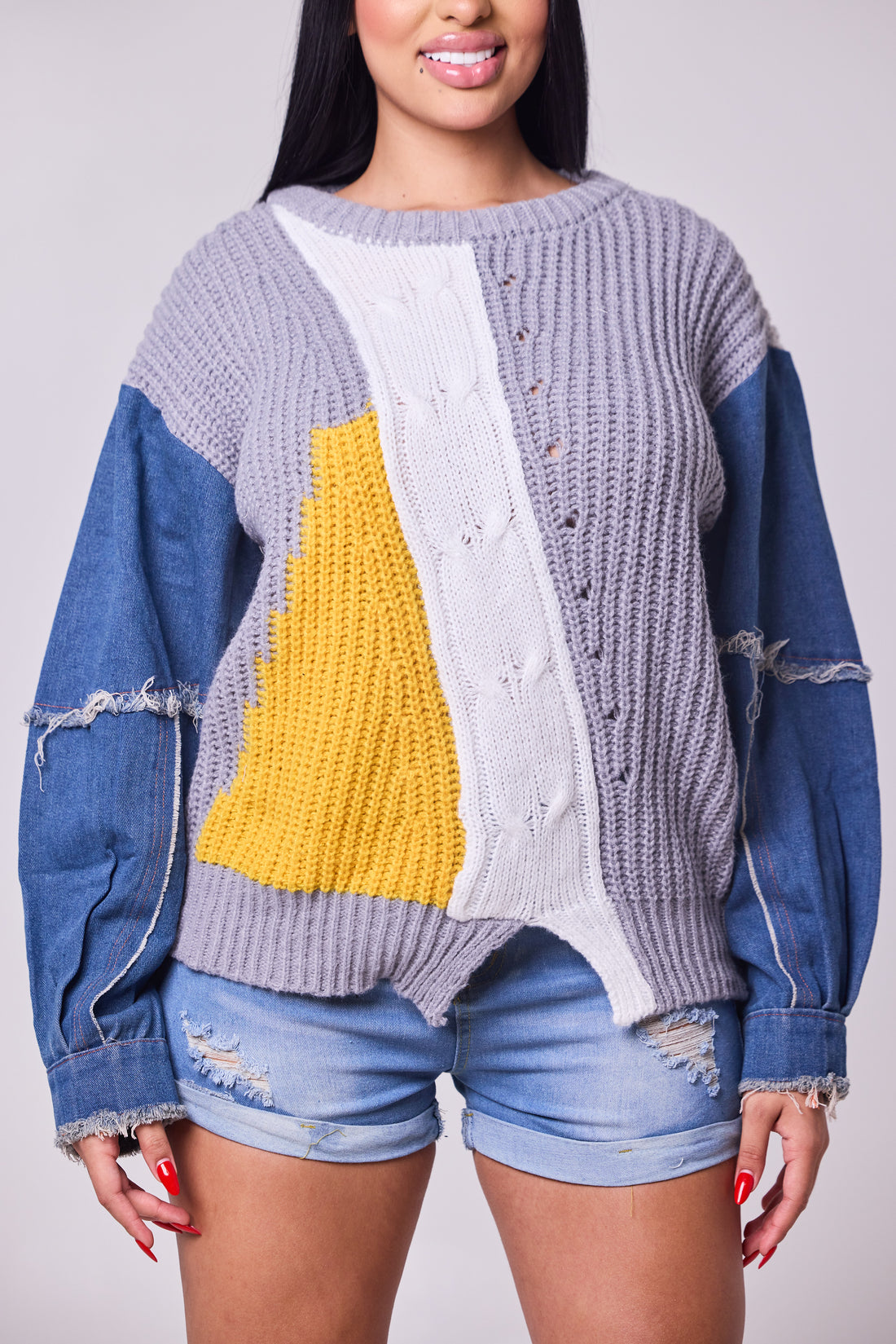 Urban Patchwork Knit Denim Sweater