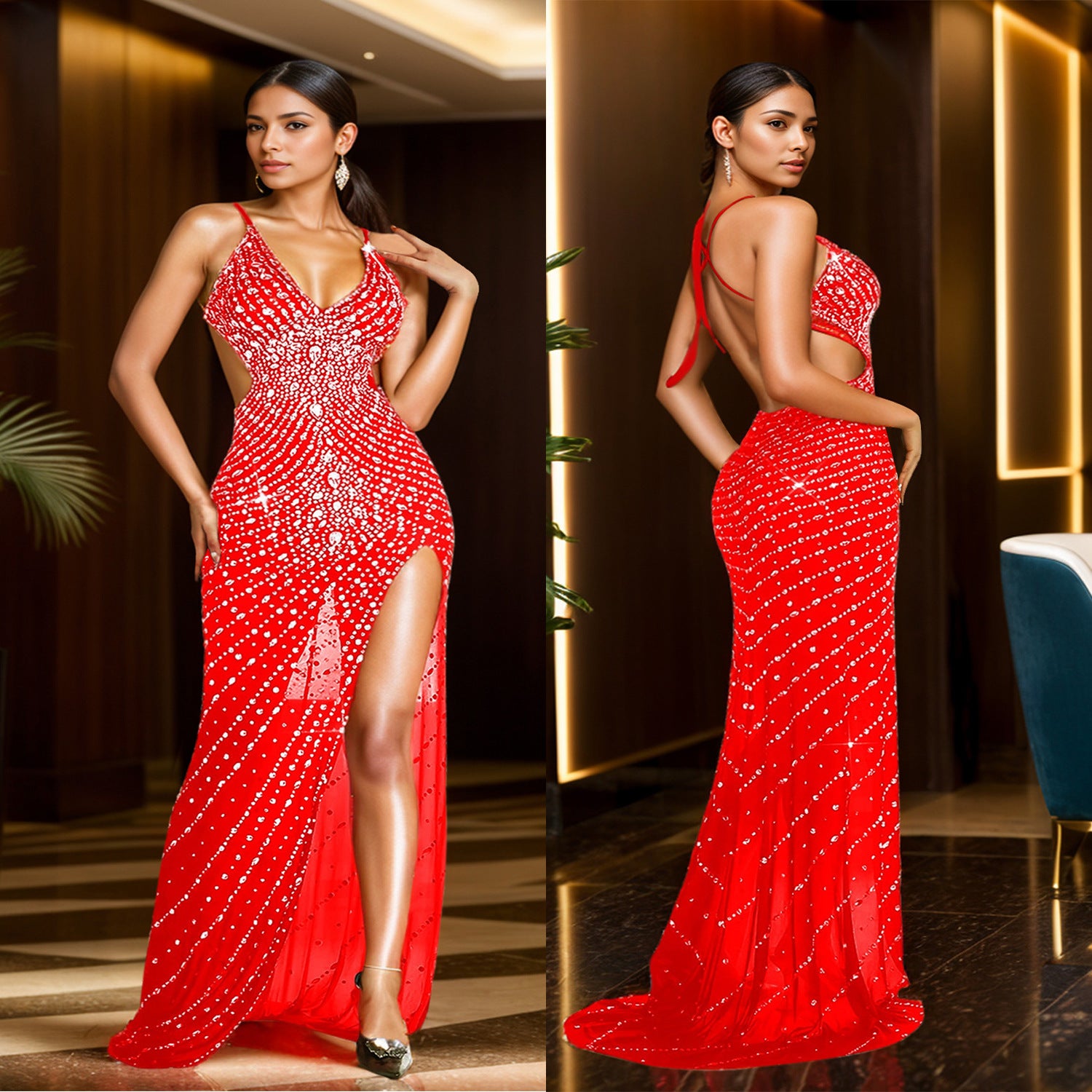 Fashion Women's V-Neck Sleeveless Dress with Rhinestone Embellishment Long Dress
