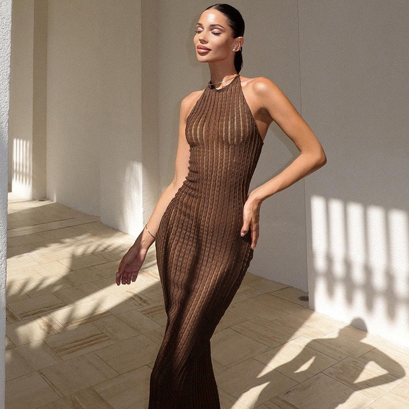 Elegant Knit Sleeveless Bodycon Dress with Halter Neckline Women's Fashion Dress