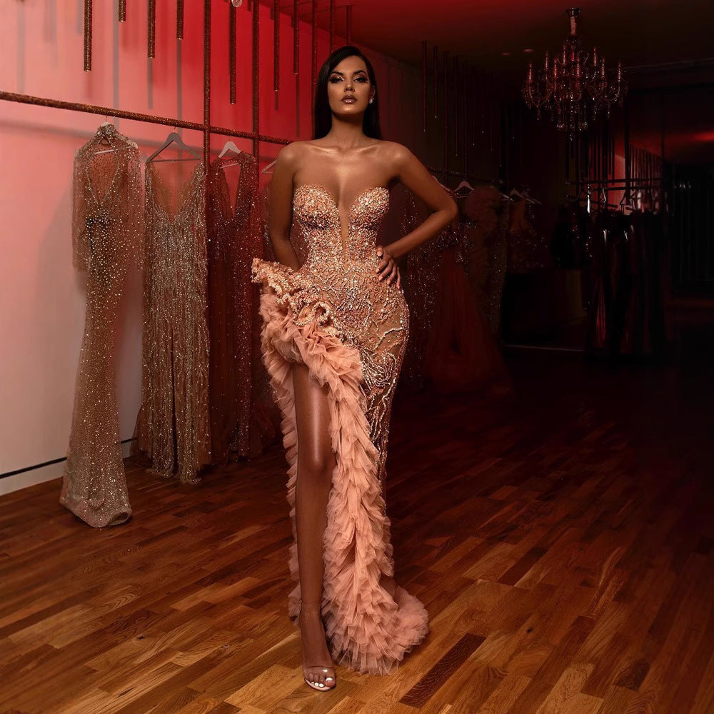 Chiffon Fringe Sexy Sequin Strapless Dress for Women Party Evening Dress