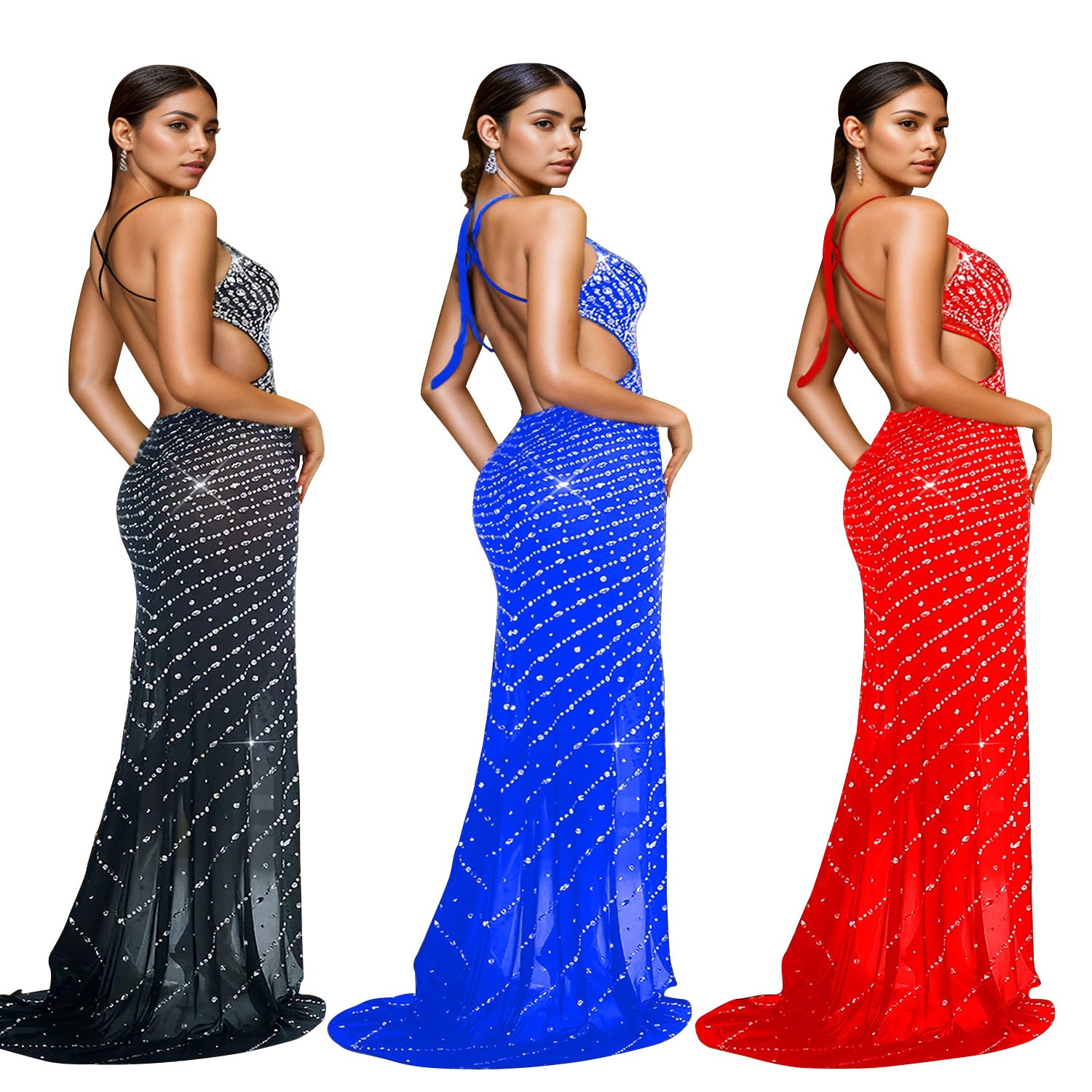 Fashion Women's V-Neck Sleeveless Dress with Rhinestone Embellishment Long Dress