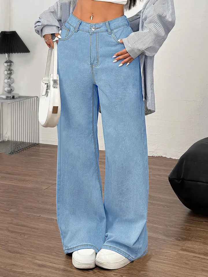 Embroidered Bow Back Wide Leg Jeans
