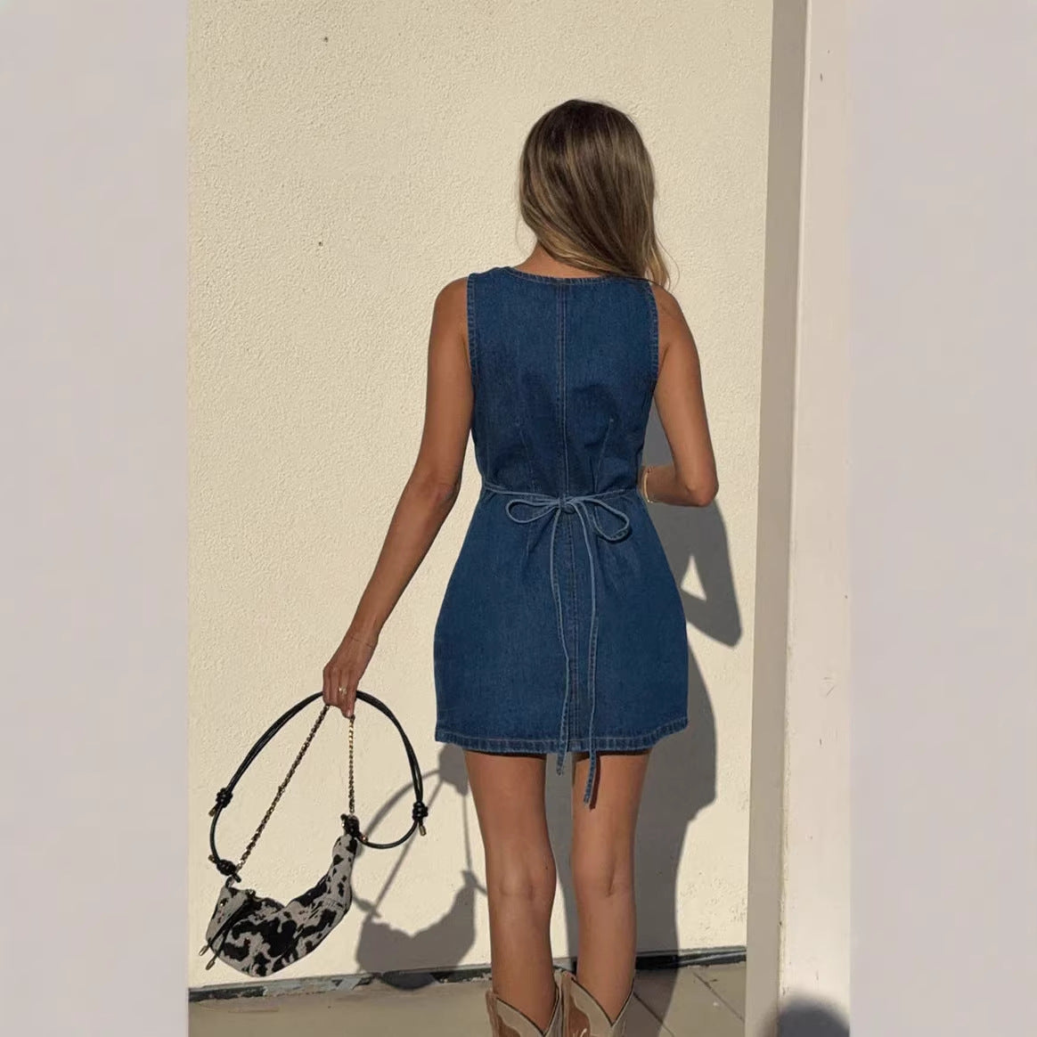 Button Front Tied Belted Dress Women's Back Waist Denim Dress