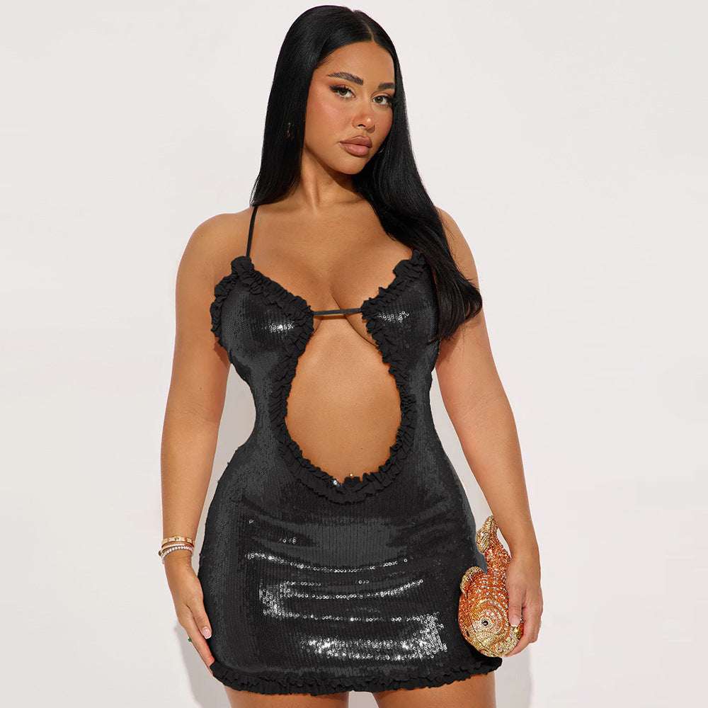 Hollow suspender sequin dress