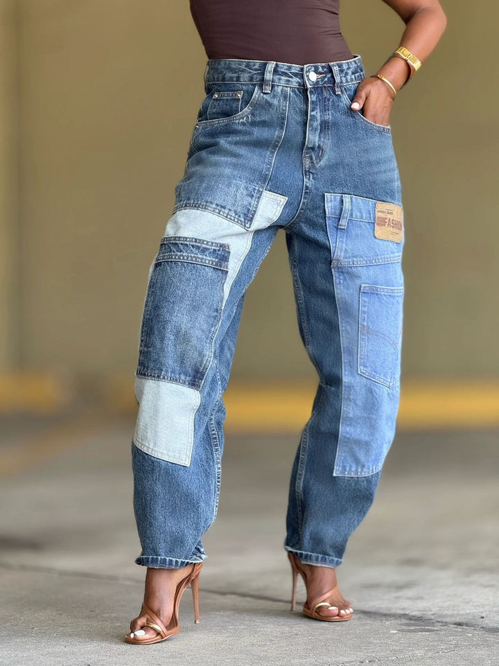 Deconstructed Patchwork Multi-pocket Tapered Jeans