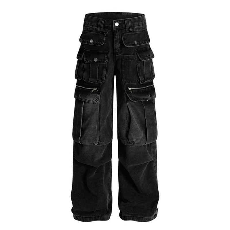 Wrinkled multi pocket workwear jeans