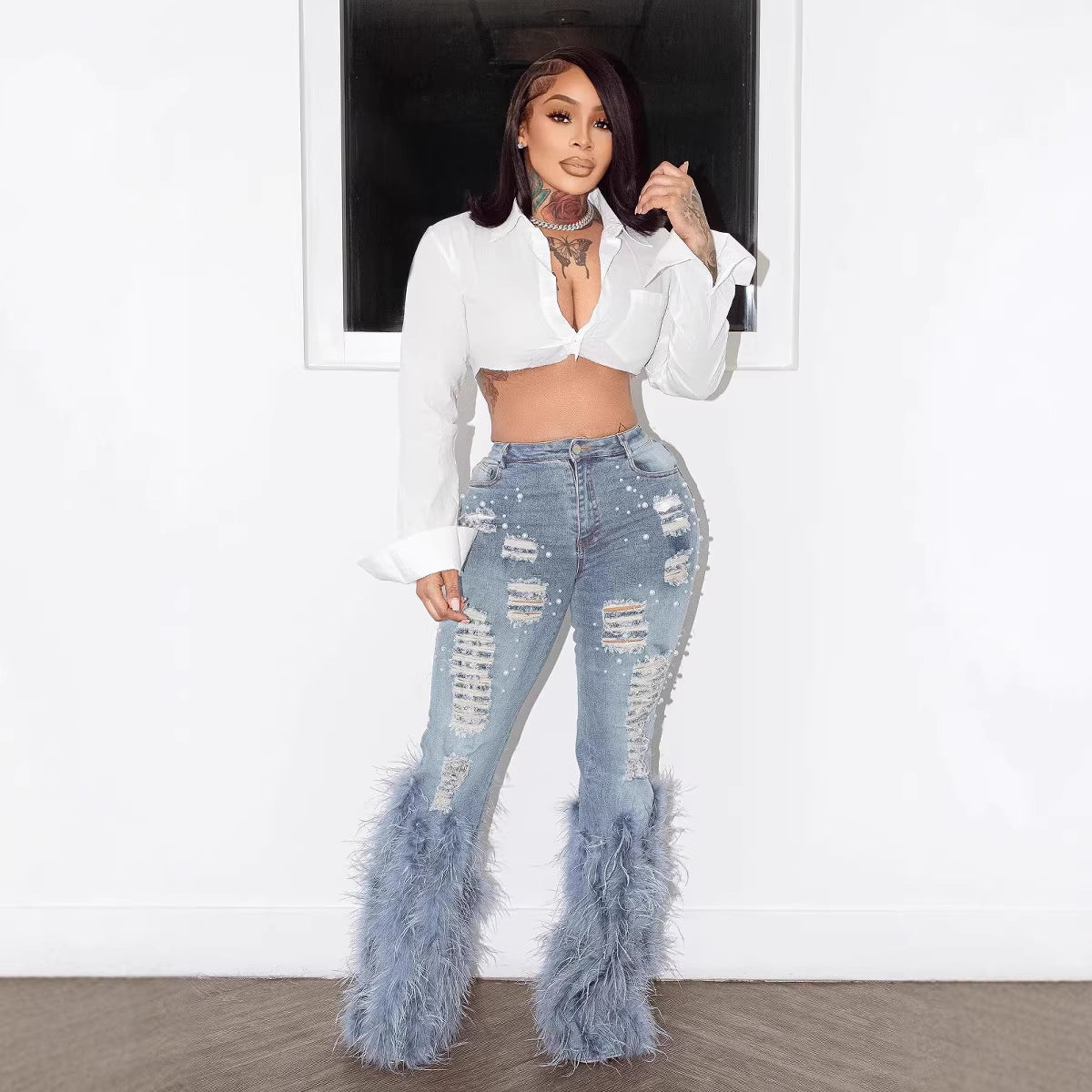 Fashion Casual Jeans with Beaded Long Tassels for Women